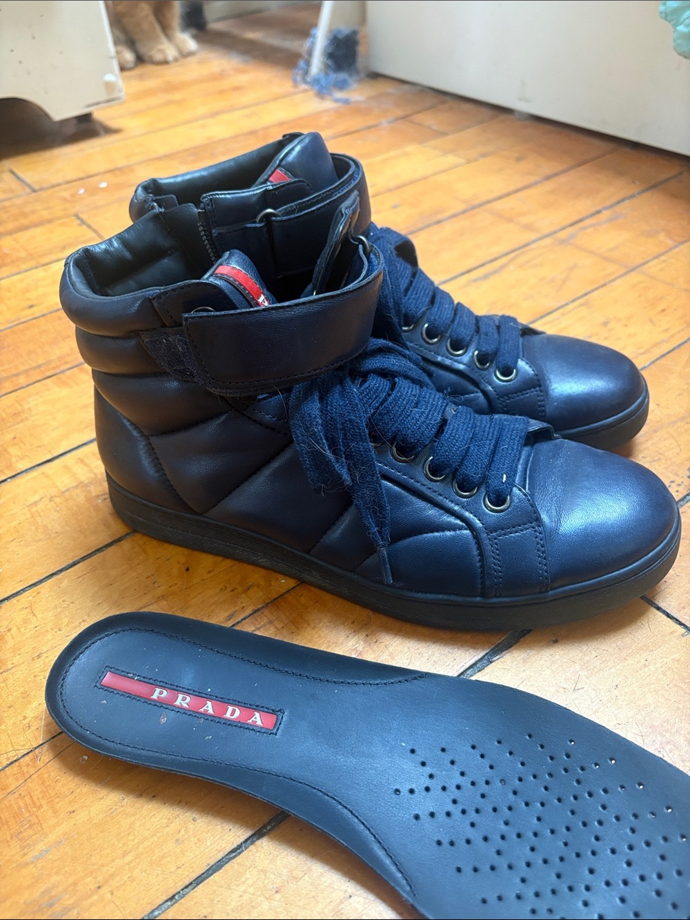 Prada Men’s Navy Leather High-Top Sneakers with Red Logo US 9